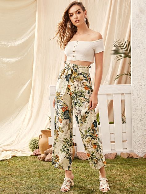 Multicolor Boho   Viscose Tropical Wide Leg  Non-Stretch Spring Women Bottoms Paperbag Trousers, Paper Bag Waist Pants, Tie Waist Pants, Trouser Outfits, Boho Pants, Spring Women, Wide Leg Pant, Type Of Pants, Botanical Print