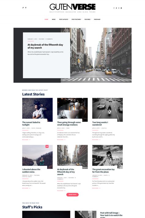 GutenVerse is a magazine and blog WordPress theme designed for content-rich websites, such as online magazines, blogs, news portals, and other editorial websites. It is built to work seamlessly with the Gutenberg editor, which is the default block editor in WordPress, offering a smooth content creation and editing experience. Content Website Design, Blog Site Design Layout, News Blog Website Design, News Portal Web Design, News Website Design Layout, Blogs Website Design, Website News Design, Blogging Website Design, Magazine Website Design Inspiration