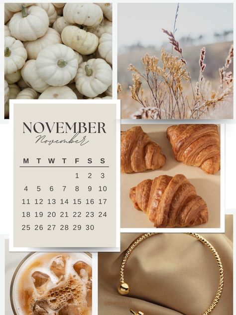 A collage-style tablet wallpaper featuring images of white pumpkins, golden grasses, croissants, a glass of iced coffee, and a gold bracelet, with a November calendar overlay in elegant script and serif fonts. Iphone Wallpaper October, Blog Planner Printable, November Wallpaper, Wellness Store, November Calendar, Collage Style, Long Time Friends, Latest Wallpapers, Tablet Wallpaper