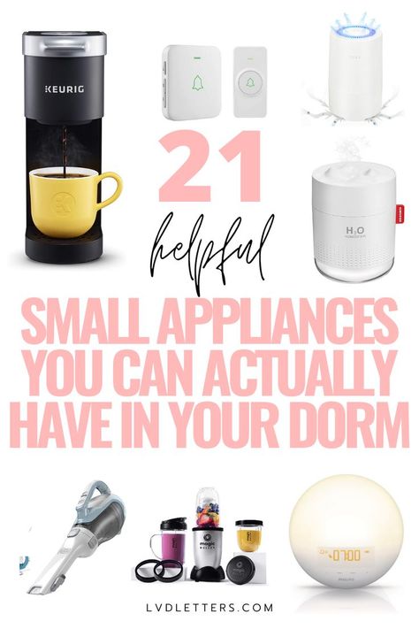 21 helpful small appliances you can actually have in your dorm room. Collage of small appliances for dorm rooms including Keurig, doorbell, humidifier, air purifier, vacuum, nutribullet, and light-up alarm clock College Move In Day, Move In Day, College Must Haves, Before College, College Dorm Room Inspiration, Small Dorm Room, Small Dorm, Student Room, Dorm Room Inspiration