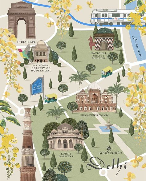 Delhi Illustration, Lutyens Delhi, Internship Portfolio, Lodi Garden, Cities Illustration, Delhi Map, Ride Drawing, Journal Illustration, Khan Market