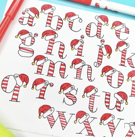 Cute Christmas Fonts Alphabet, Christmas Title Ideas, Christmas Hand Lettering Ideas, Letter To Santa Ideas, Christmas Writing Fonts, Christmas Lettering Alphabet, Free Christmas Font, Christmas Alphabet Letters, Christmas Fonts Alphabet