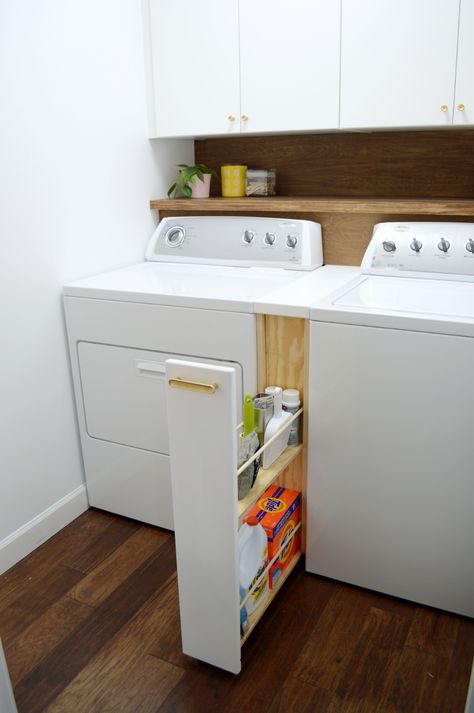 or me. And of course, he could. He used wheels to make it a little rolling cart instead of drawers so we can pull it out and get easier access behind there if needed. (The washer and dryer can both be pulled out too.) Cabinet Between Washer And Dryer, Between Washer And Dryer, Laundy Room, Laundry Room Ideas Small Space, Laundry Room/mud Room, Pantry Laundry Room, Laundry Cabinets, House Chores, Laundry Room Cabinets