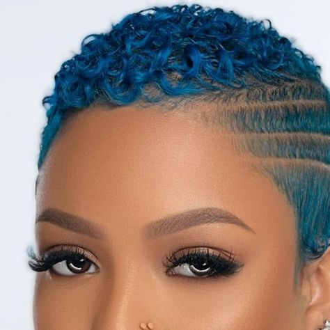 Short Blue Hair Black Women, Dark Blue Short Hair Black Women, Turquoise Natural Hair, Blue Pixie Cut Black Women, Blue Short Wigs For Black Women, Rich Hair Color, Black Kids Braids Hairstyles, Short Natural Haircuts, Short Hair Designs