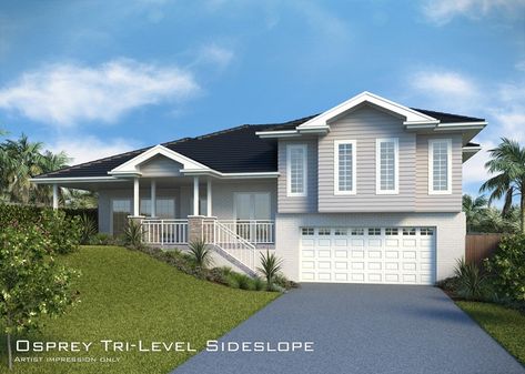 Osprey Tri-Level Sideslope, Home Design, Tullipan Homes Tri Level House Plans, Hampton Exterior, Tri Level House, Hamptons Facade, House On Slope, Split Level House Plans, Dual Occupancy, Large Open Plan Kitchens, Split Level House