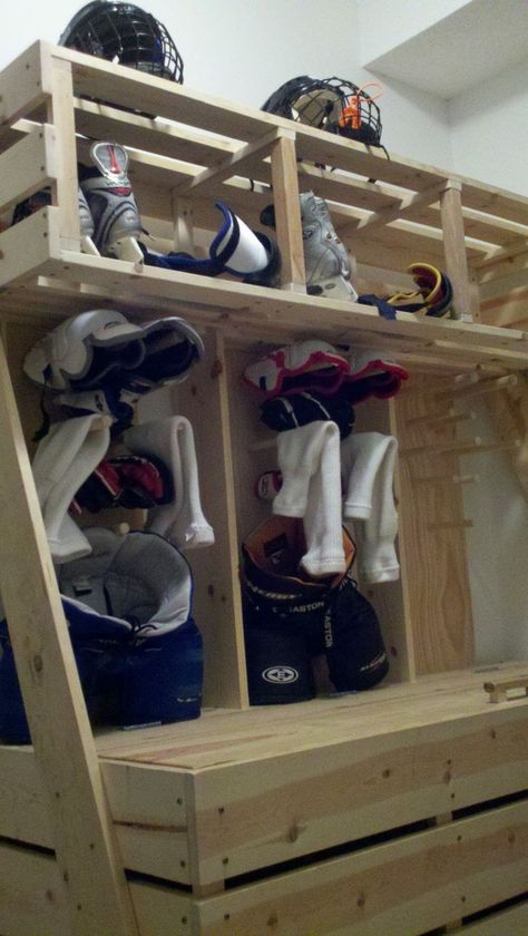 Hockey Gear Storage, Hockey Equipment Storage, Hockey Storage, Wrestling Room, Hockey Organization, Hockey Diy, Hockey Bedroom, Sports Locker, Hockey Room