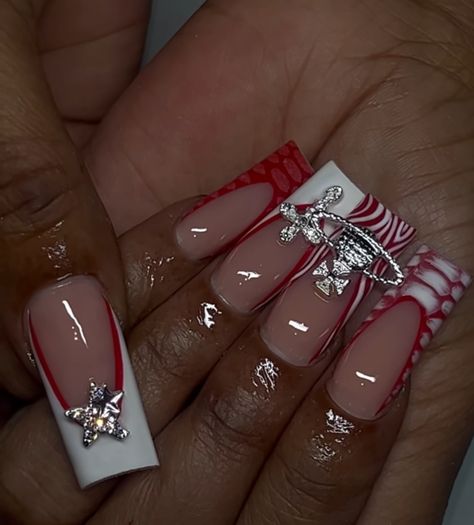 Birthday Acrylic Nails Ideas, Red Silver And White Nails, Acrylic Sets Nails, Square Nails Acrylic Medium, Red Nail Designs Long, Red Inspo Nails, Red Nail Sets, Long Acrylic Nails Square, Red Nails Acrylic