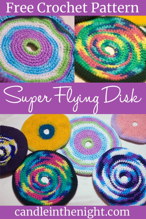 This super flying disk crochet pattern is simple to make and the finished product will be fun for the whole family! Crochet Frisbee Free Patterns, Crochet Frisbee Pattern, Crocheted Frisbee Pattern Free, Crochet Flying Disc Pattern Free, Crochet Frisbee Pattern Free, Hair Scunchie, Crochet Frisbee, Reusable Swiffer Pad, Swiffer Pads