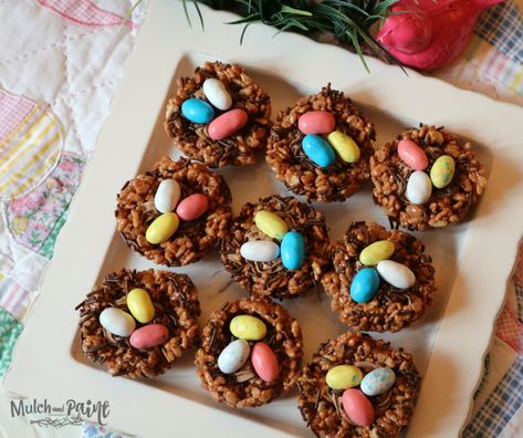 Cocoa Rice Krispies Treat Birds Nests with robin eggs Rice Krispie Treat Bird Nests, Birdsnest Cookies, Easter Nests Recipe, Easter Rice Krispies, Birds Nests Recipe, Birds Nest Cookies, Easter Rice Krispie Treats, Rice Cookies, Rice Krispies Treat