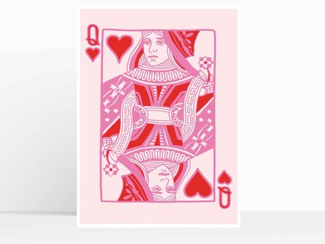 Queen Of Hearts Card, Queen Card, Hearts Playing Cards, Heart Poster, Heart Wall Art, Pink Posters, Card Print, Heart Wall, Print Pink