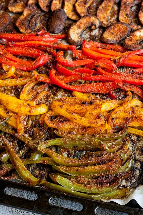 Fajita Vegetables Skillet, Sheet Pan Fajitas Vegetarian, How To Make Fajita Veggies, Fajita Veggies Oven, Sheet Pan Fajita Veggies, Sheet Pan Veggie Fajitas, Fajita Vegetables Recipe, Vegetable Fajitas Recipe, Make Ahead Fajitas For A Crowd