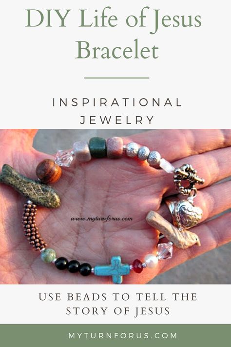 A DIY Christian Bracelet Inspirational jewelry depicts Jesus Christ's life.  This Life of Jesus Bracelet uses different colors and shapes of beads to tell the story. #DIYChristianBracelet #LifeOfJesusBracelet #myturnforus Christian Jewelry Diy Ideas, Blessing Bracelets Diy, Diy Blessing Bracelet, How To Make Blessing Bracelets, Faith Beaded Bracelets, Christian Beaded Jewelry, Jesus Friendship Bracelet, Diy Wwjd Bracelet, Blessing Bracelet Diy