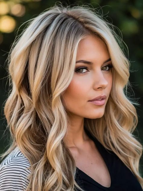 Long Blonde Color Ideas, Hair Color Ideas For Extensions, Caramel And Blonde Highlights Brown Hair Straight, Dramatic Hair Color For Blondes, Long Hair Low Lights And Highlights, Blonde Balayage Fall 2024, Blonde For 40 Year Olds, Kalie Cuoco Hair, Hair Color Fall Blonde