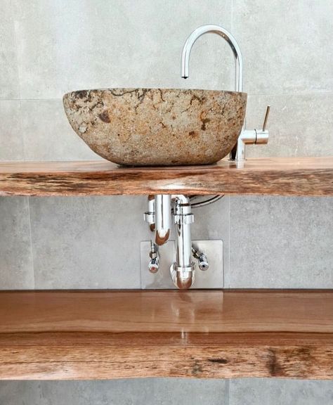 Designer tip: Pair any of our riverstone basins with a natural wooden counter for a truly rustic, aesthetic in your home. 🪵 Can be built into the counter or sitting majestically on top. The choice is yours. 👑 . . . #stoneandrock #riverstone #basin #natural #naturalstone #designerbathroom #designerhome #modern Sink Shelf, The Choice Is Yours, Rustic Aesthetic, Wooden Counter, Stone Basin, Beach Shack, Stone Sink, River Stones, Bathroom Inspo