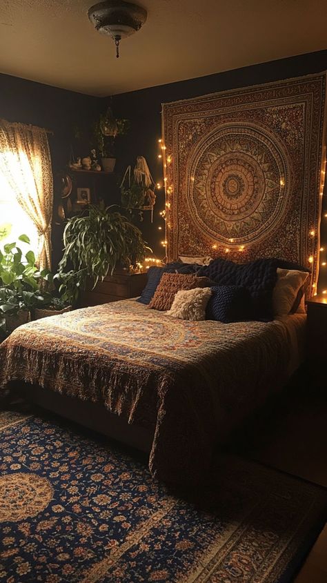 Explore 22 dark and moody Boho bedroom inspirations that blend rich textures, earthy tones, and eclectic decor for a cozy and stylish retreat. 🌙✨ Moody Boho Bedroom, Dark Boho Bedroom, Boho Bedroom Inspirations, Moody Boho, Dark Boho, Earthy Bedroom, Eclectic Bedroom, Dark And Moody, Boho Room