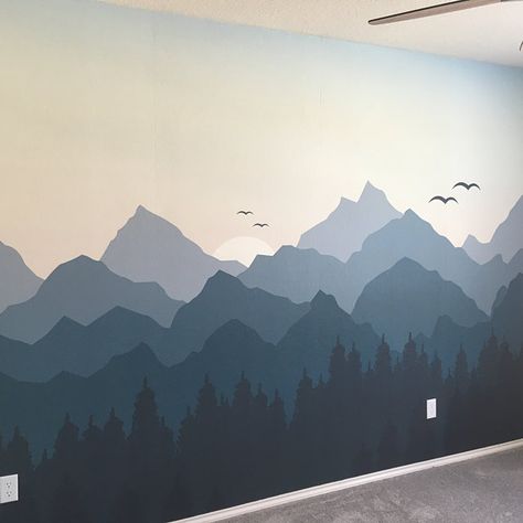 Wallpaper Boys Room, Happy Bedroom, Paint Mountains, Ombre Mountains, Wallpaper Boys, Jurassic World Wallpaper, Mountain Wall Mural, Mountain Mural, Woodland Wallpaper