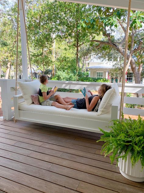 How To Build An Outdoor Hanging Daybed | Young House Love Daybed Swings Outdoor Diy, Backyard Daybed, Daybed Plans, Diy Porch Swing Bed, Hanging Daybed, Porch Bed, Diy Porch Swing, Front Porch Swing, Daybed Cushion