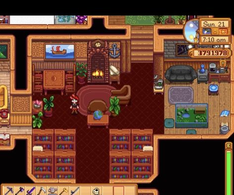 Stardew Valley Study Room, Stardew Valley Library Room, Stardew Valley Library Layout, Stardew Library Design, Stardew Valley Library, Terraria House Design, Terraria House, Stardew Farms, Bookshelf Room