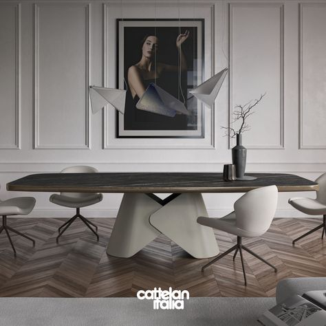 With the Scott family of tables, Cattelan Italia's exploration of sculptural art continues. With each new collection, the shapes and materials on offer increasingly emphasise the artistic-decorative aspect of interior design. Taking inspiration from modern sculptural techniques and applying them to design, new bases are born for modern design tables such as the Scott family, all to be contemplated, just like a work of art. Hampton Home, Italian Furniture Modern, Cattelan Italia, Italia Design, Folding Dining Table, The Rachel, Dining Table Design, Brushed Metal, Premium Design