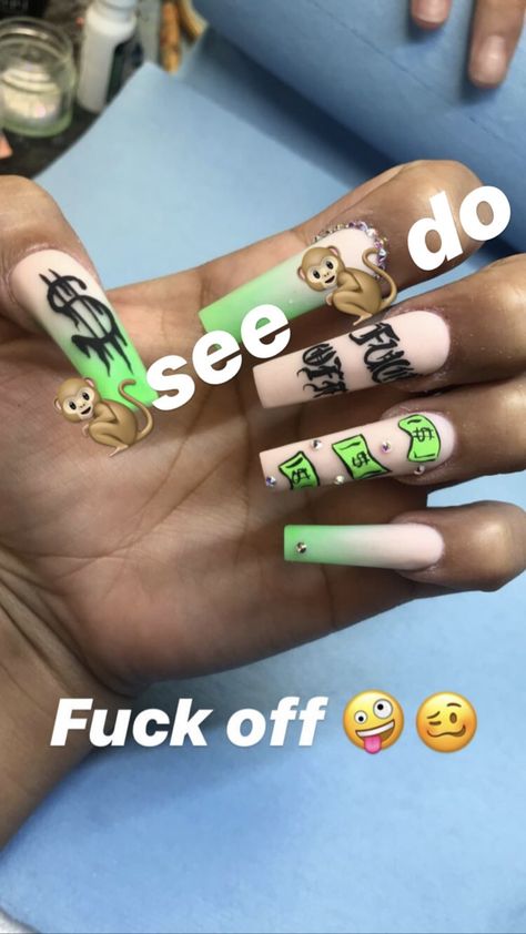 Blue Money Nails, Money Inspired Nails, Cardi B Nails Design, Dollar Nails Designs, Money Sign Acrylic Nails, Nails Money Design, Nails With Money, Money Acrylic Nails, Money Design Nails