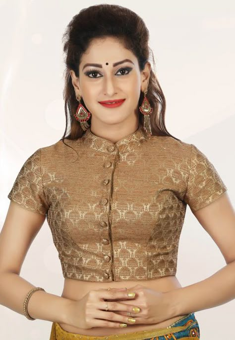 Khaki Brown Brocade Blouse Golden Blouse Designs, Gold Blouse Designs, Brocade Blouse Designs, Blouse Lehenga, Blouse Designs High Neck, Cotton Blouse Design, Sari Design, Brocade Blouse, Saree Blouse Neck Designs