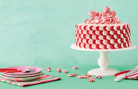 Use Red and White Frosting to Create This Cool Peppermint Cake — The Pioneer Woman Peppermint Christmas Desserts, Candy Cane Cake Recipe, Candy Cane Cake, Festive Dessert Recipes, Vegetarian Chocolate Cake, Peppermint Cake, Pumpkin Sheet Cake, Yule Log Cake, Chocolate Sheet Cake