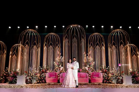 Stage Decors For Engagement, Hall Decorations For Wedding Receptions, Sangeet Backdrop Stage Decorations, Reception Hall Decor, Wedding Reception Stage Decorations Backdrops, Banquet Hall Wedding Decor, Wedding Stage Design Backdrop Ideas, Reception Stage Backdrop, Reception Decorations Indian