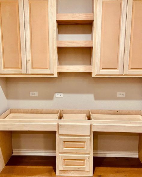 Desk Made From Kitchen Cabinets, Sewing Room Desk Ideas, Built In Desk Using Stock Cabinets, Pantry Desk Combo, Diy Built In Desk With Cabinets, Diy Office Built Ins With Desk, Built In Double Desk, Built In Desks, Diy Storage Building