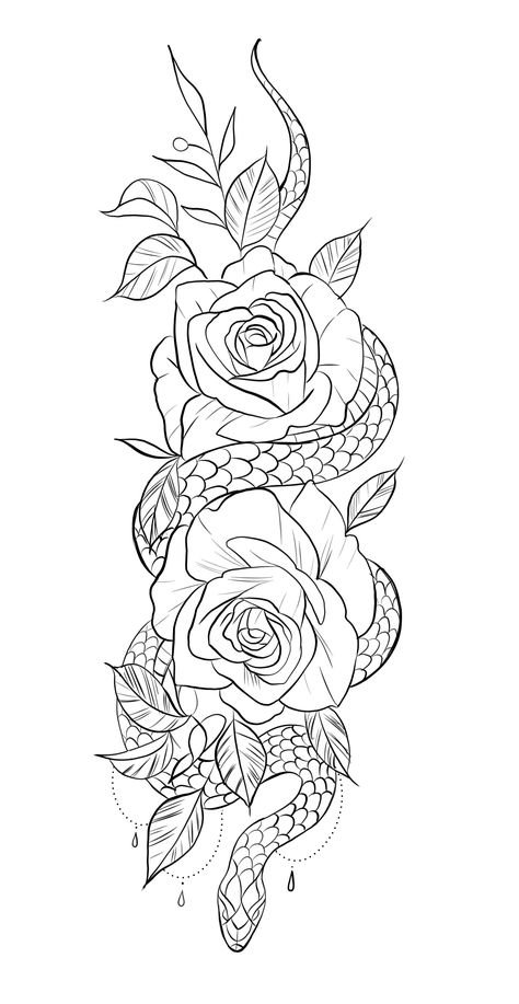 Snake Roses Tattoo Design, Flower Hip Tattoo Thigh Piece Stencil, Snake And Flower Tattoos For Women, Rose With Snake Tattoo, Girly Sleeve Tattoo Ideas, Rose Snake Tattoo Design, Tattoo Snake And Flowers, Snake Flower Tattoo Design, Snake With Rose Tattoo