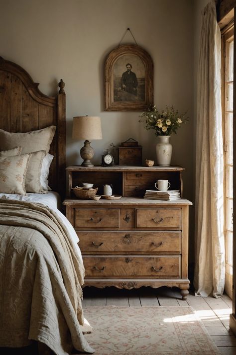 Cottagecore Master Bedrooms Decor, Neutral Cottage Bedroom, Calm Master Bedrooms Cozy, Farmhouse Aesthetic Bedroom, Bedroom Wooden Bed, Cottage Bedroom Aesthetic, Dresser Bedroom Decor, Cottage Dresser, Cliffside House