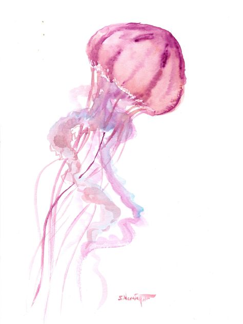 Watercolor Jellyfish Artwork, original painting, soft pink elegant hand-painted, one-of-a kind wall art by WatercolorBySuren on Etsy Things To Water Paint, Water Colour Prints, Unique Watercolor Paintings Ideas, Easy Water Coloring For Beginners, Creative Watercolor Paintings, Water Colour Painting Ideas Inspiration, Water Colors For Beginners, Jellyfish Watercolor Painting, Flower Jellyfish