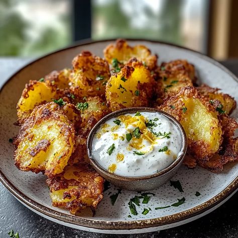 Crispy Smashed Potatoes with Lemon Garlic Yogurt Dip Recipe Dip For Roasted Potatoes, Smashed Potatoes Dipping Sauce, Smashed Roasted Potatoes, Smashed Fingerling Potatoes, Roasted Smashed Potatoes, Garlic Smashed Potatoes, Crispy Potato Wedges, Garlic Yogurt, Red Potato Recipes