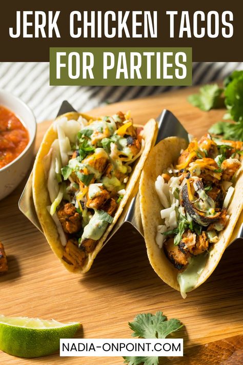 Party Food Ideas! Are you looking to create tasty Jerk Chicken Tacos for Parties? Here you'll find exactly what you'll need. how to make jerk chicken tacos | easy jerk chicken tacos | shredded jerk chicken tacos | jerk chicken tacos recipe | pulled jerk chicken tacos | jerk chicken street tacos | jamaican jerk chicken tacos recipe | jerk ground chicken tacos. Jerk Chicken Tacos Recipe, Chicken Tacos Shredded, Shredded Jerk Chicken, Jerk Chicken Nachos Recipe, Jamaican Jerk Chicken Tacos, Pulled Jerk Chicken, Authentic Jerk Chicken, Easy Jerk Chicken, Jerk Chicken Tacos