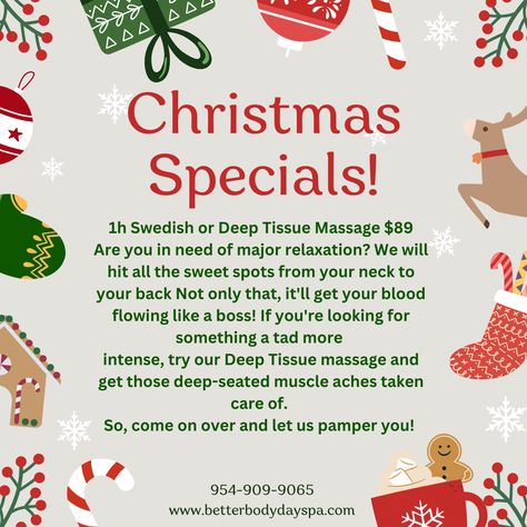 Our holiday specials are here and you don't want to miss it! Book our 1 hour Swedish or Deep tissue massage today for only $89! Give us a call at 954-909-9065! #christmas #spa #fortlauderdale Christmas Spa, Spa Marketing, It Book, Xmas Wallpaper, Better Body, Body Spa, Muscle Aches, Deep Tissue Massage, Spa Massage