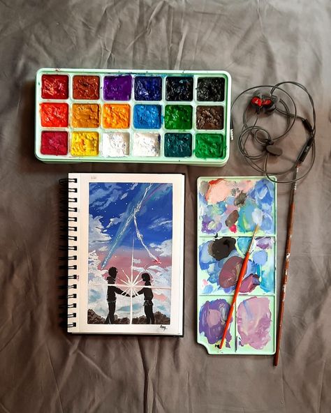 Gouache Anime Painting, Your Name Painting, Book Sketch, Name Paintings, Kpop Ideas, The Best Anime, Anime Boy Sketch, Anime Canvas Art, Gouache Art