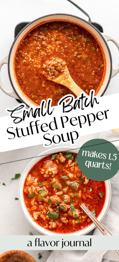 An “unstuffed” pepper soup recipe, if you will. 🙂 This small batch stuffed pepper soup recipe makes 1 1/2 quarts, and tastes even better as leftovers! I love to use lean ground beef, onion, green bell pepper, seasonings, beef broth, tomato sauce, and cooked rice for this soup recipe.  #stuffedpeppersoup #greenpeppersoup #pepperbeefsoup #smallbatchsoup #souprecipes #souprecipesfortwo Stuffed Pepper Soup No Rice, Soup With Peppers And Onions, Unstuffed Pepper Soup Crockpot, Stuff Green Pepper Soup, Sweet Pepper Soup, What To Do With Green Peppers, Small Batch Recipes Dinner, Recipe With Green Peppers, Pepper Pot Soup Recipe