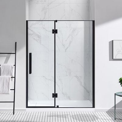 OVE Decors Niko 60-in W x 73.9-in H Frameless Hinged Matte Black Soft Close Alcove Shower Door (Clear Glass) in the Shower Doors department at Lowes.com Shower Doors Black Frame, Black Matte Shower Door, Clear Shower Door Ideas, Shower Doors With Black Trim, Black Shower Surround, Black Hardware Shower Door, Hinged Shower Glass Door, Black Frameless Shower Door, Matte Black Shower Door