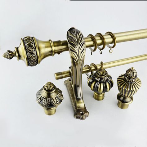 Brass Double Curtain Rod, Gold Double Curtain Rod, Antique Curtain Rods, Double Curtain Rod Ideas, Victorian Curtain Rods, Living Room Curtains Modern, Curtains Holder, Bronze Curtain Rods, Bold Curtains