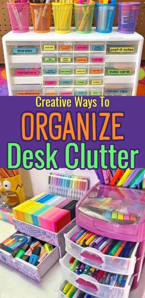 home organization hacks decluttering ideas to declutter and organize desk clutter Diy Desk Organization, Organize Desk, Bedroom Desk Organization, Kids Desk Organization, Desk Organization Tips, Desk Organization Ideas, Teacher Desk Organization, Diy Desk Accessories, Craft Room Desk