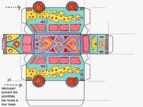 60´s Volkswagen Free Printable Box. Happy Bus, 3d Templates, Paper Templates Printable, Hippie Party, Paper Car, Printable Box, Miniature Printables, Papercraft Templates, Paper Toy