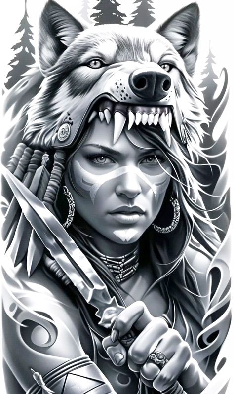 Native American Tattoo Art, Native American Warrior Tattoos, Viking Warrior Woman, American Indian Tattoos, Native American Tattoo, Native Tattoos, Girl Face Drawing, Wolves And Women, Native American Warrior