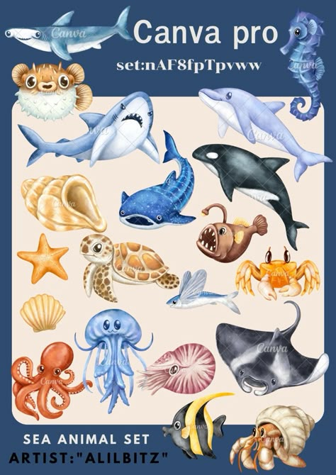 Sea animal Canva element canvafireworks #kawaielement #elementcanva Font Canva Lettering, Ocean Elements, Canva Graphics, Sea Creatures Drawing, Sea Poster, Canva Keywords, Graphic Design School, Keyword Elements Canva, Canva Element Keyword