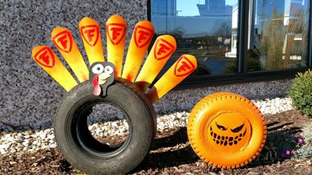 Tire Art | Performance Tire & Auto Service Halloween Tire Decorations, Used Tire Projects, Diy Old Tires, Jeep Crafts, Tire Decor, Tire Decoration, Recycle Tires, Poppy Tutorial, Tire Ideas