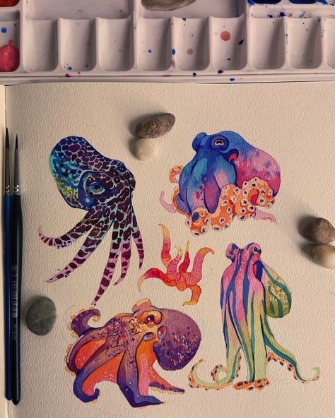 Cute Octopus Art, Cute Octopus Drawing, Octopus Drawings, Draw An Octopus, Octopus Watercolor Painting, Octopus Sketch, With Them, Watercolor Octopus, Octopus Watercolor