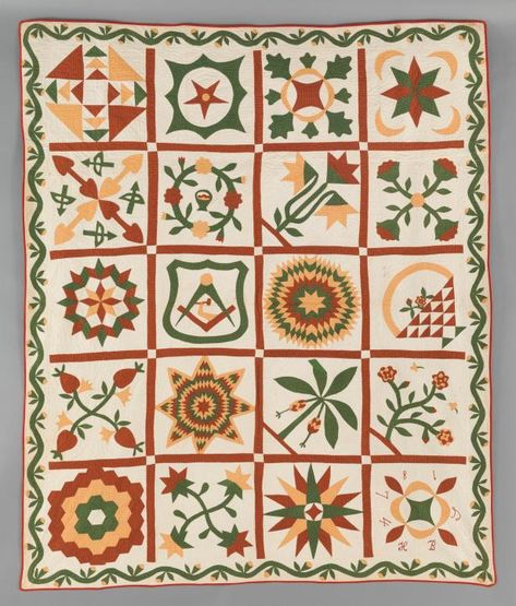 Mrs. H. B. Smith (dates unknown), “Jr. OUAM Sampler Album Quilt for Remson Smith,” Hackensack, New Jersey, 1874, Cotton, 90 × 70 in., Collection American Folk Art Museum, New York, Gift of Jean Fisher, 2017.4.1. Photo by Adam Reich. Album Quilt, Museum New York, B Smith, Antique Samplers, Patriotic Quilts, Green Quilt, Antique Quilt, American Folk Art, Crib Quilt