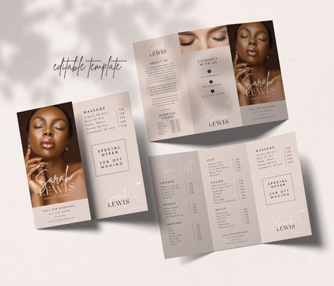 Minimalist Trifold Brochure Template, Editable Beauty Salon Price List, Printable Spa Pamphlet Price List Medspa Menu Of Services, Salon Leaflet Design, Make Up Price List Design, Flyer Design Beauty Salon, Brochure Design Minimalist, Beauty Menu Design, Beauty Salon Branding Design, Price List Beauty Salon, Esthetician Brochure