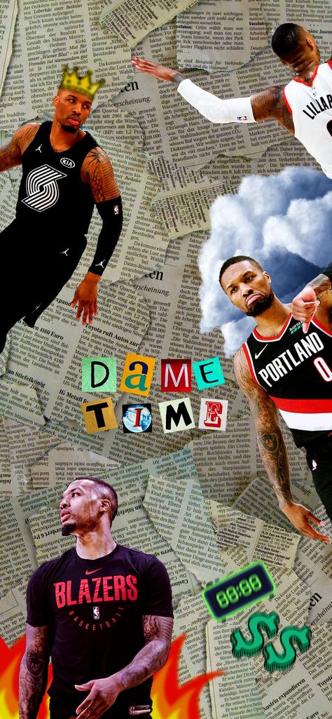 Wallpaper Scrapbook, Dame Time, Newspaper Collage, Scrapbook Themes, Mobile Wallpaper Android, Motion Poster, Basketball Workouts, Damian Lillard, Basketball Photography