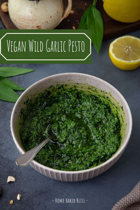 A flavorful vegan pesto with wild garlic, lemons and cashews | homebakedbliss.com Vegan Cheese Boards, Ramp Pesto, Wild Garlic Pesto, Garlic Pesto, Vegan Pesto, Wild Garlic, Garlic Recipes, Vegan Salad, Vegan Recipe