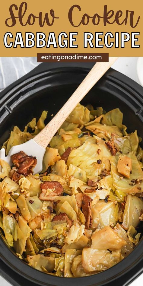 Crock Pot Cabbage is a delicious homemade side dish that can be served with many recipes. This cabbage recipe is loaded with flavor and easy to make. Cabbage is a vegetable that doesn't get made very often, but when we do we love to cook it in the slow cooker. This recipe is made with simple ingredients which makes this dish so flavorful. #eatingonadime #crockpotcabbage #cabbagerecipes Cooked Cabbage Recipes, Crockpot Cabbage, Slow Cooker Cabbage, Crockpot Cabbage Recipes, Best Cabbage Recipe, Cabbage Recipes Southern, Easy Cabbage Recipes, Cabbage Side Dish, Cabbage Recipes Healthy