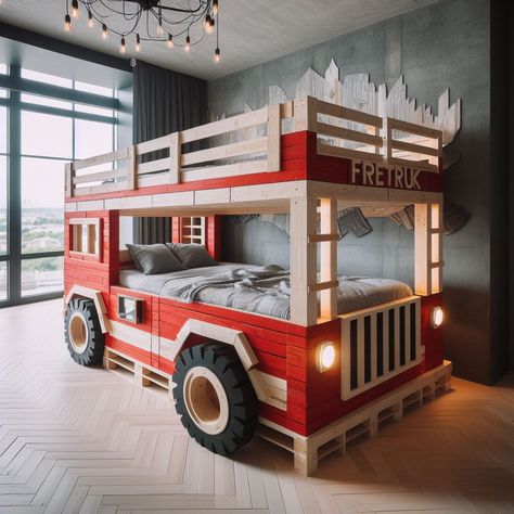 Firetruck-Inspired Bunk Bed: A Safe and Fun Sleeping Haven Fire Truck Themed Bedroom, Fire Truck Room Ideas Little Boys, Bulldozer Bed, Fire Truck Bed, Pallet Bunk Beds, Fire Truck Bedroom, Fire Truck Room, Firetruck Bed, Truck Bedroom